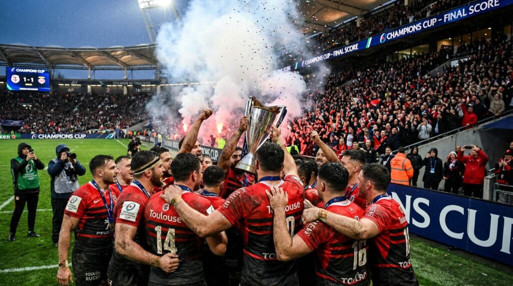 Joueurs du Stade Toulousain célébrant au Stadium, Champions Cup 2026