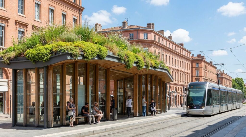 Abritram végétalisé avec toit en sédum sur la ligne T1 du tramway de Toulouse