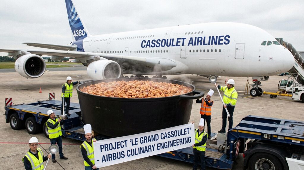 Ingénieurs Airbus présentant le biocarburant au cassoulet toulousain - Poisson d avril