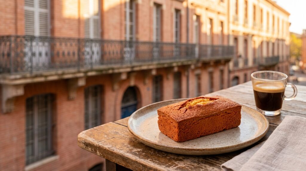 La Briquole posée sur une table de café à Toulouse avec des briques roses en arrière-plan