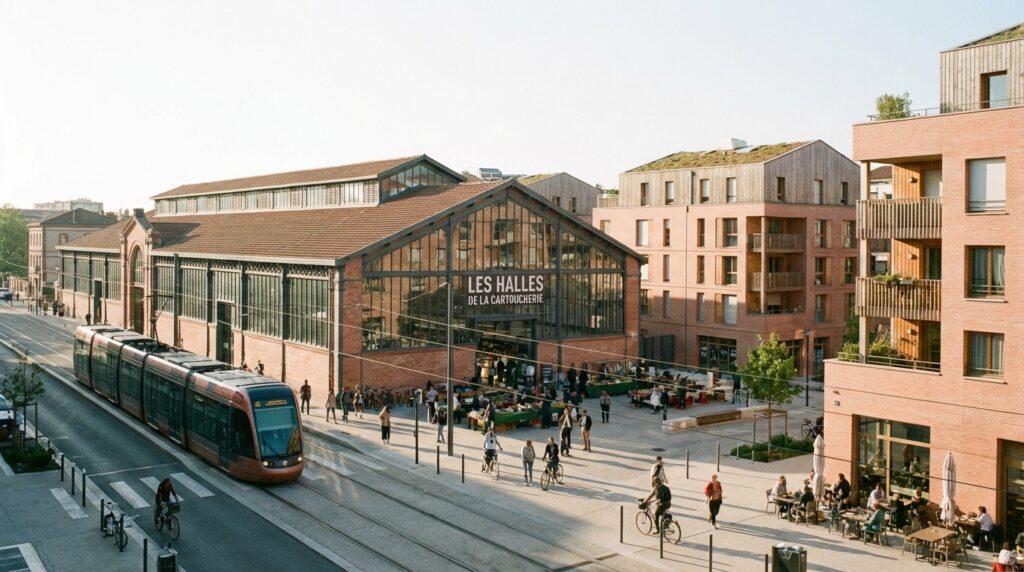 Les Halles de la Cartoucherie et le nouveau quartier à Toulouse, avec tramway, parc et architecture contemporaine