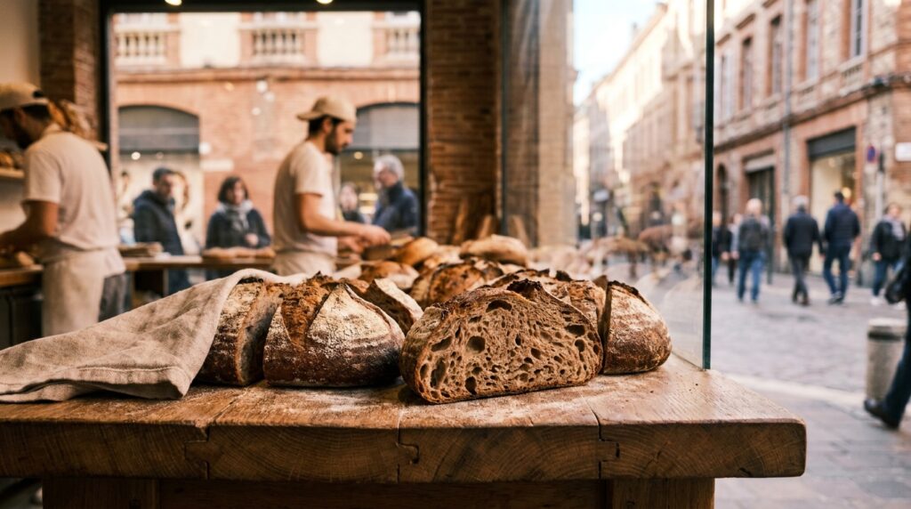 Pains artisanaux au levain dans une ambiance éditoriale inspirée des boulangeries bio à Toulouse