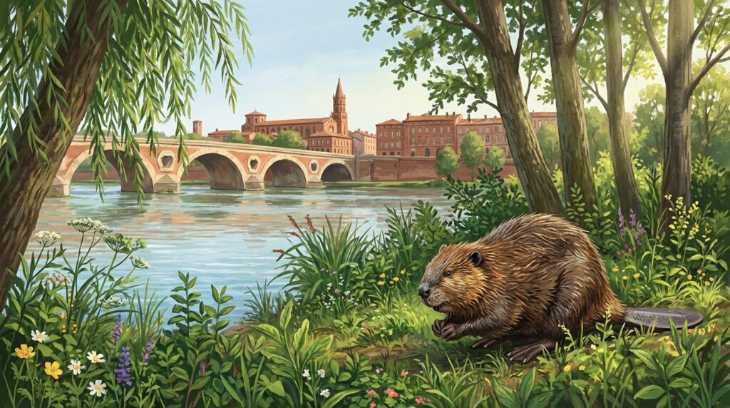 Illustration éditoriale d'un castor sur les berges de la Garonne près de Toulouse