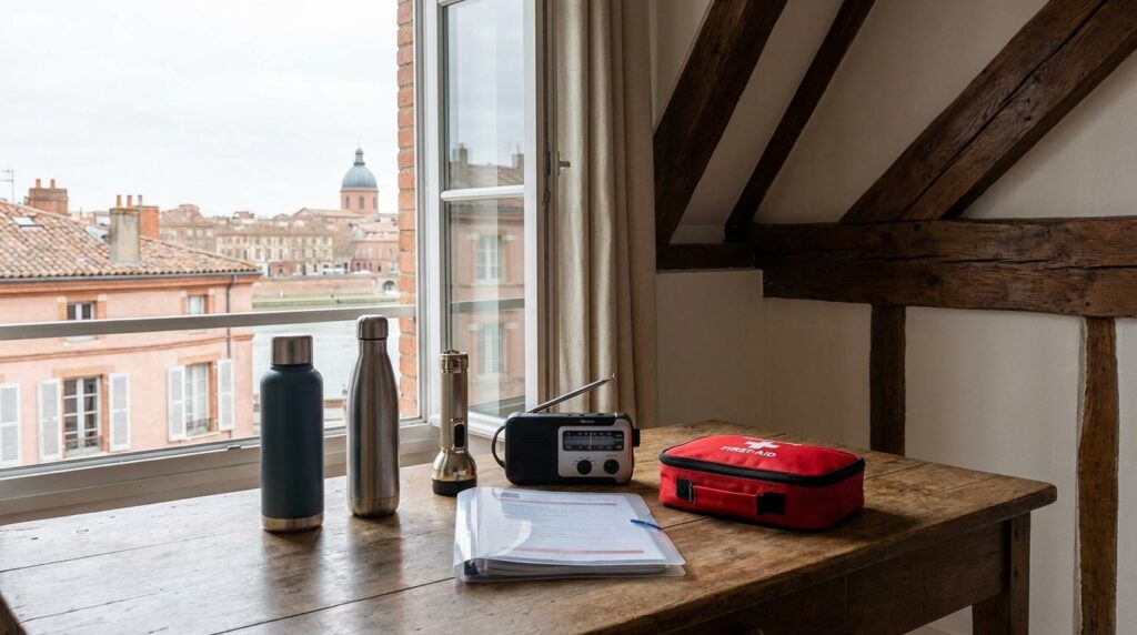 Kit d’urgence préparé dans un appartement toulousain avec ambiance locale