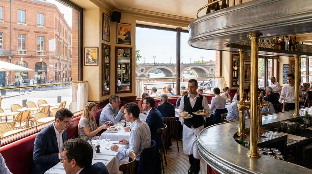 Intérieur de brasserie traditionnelle à Toulouse dans une ambiance centre-ville chaleureuse