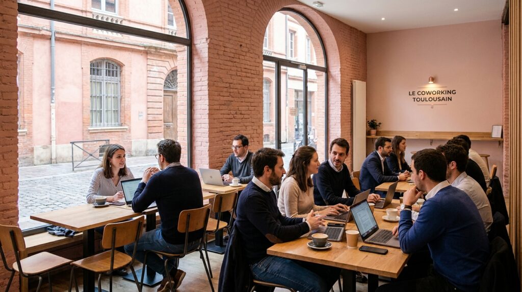 Entrepreneurs networking in a stylish Toulouse café workspace, warm pink-brick ambiance, laptops, coffee, business discussion, local entrepreneurial energy