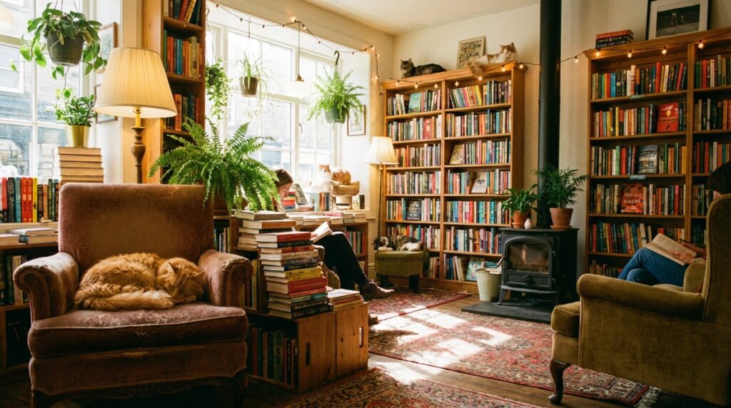Intérieur de la librairie Mon Chat Pitre avec chats et livres
