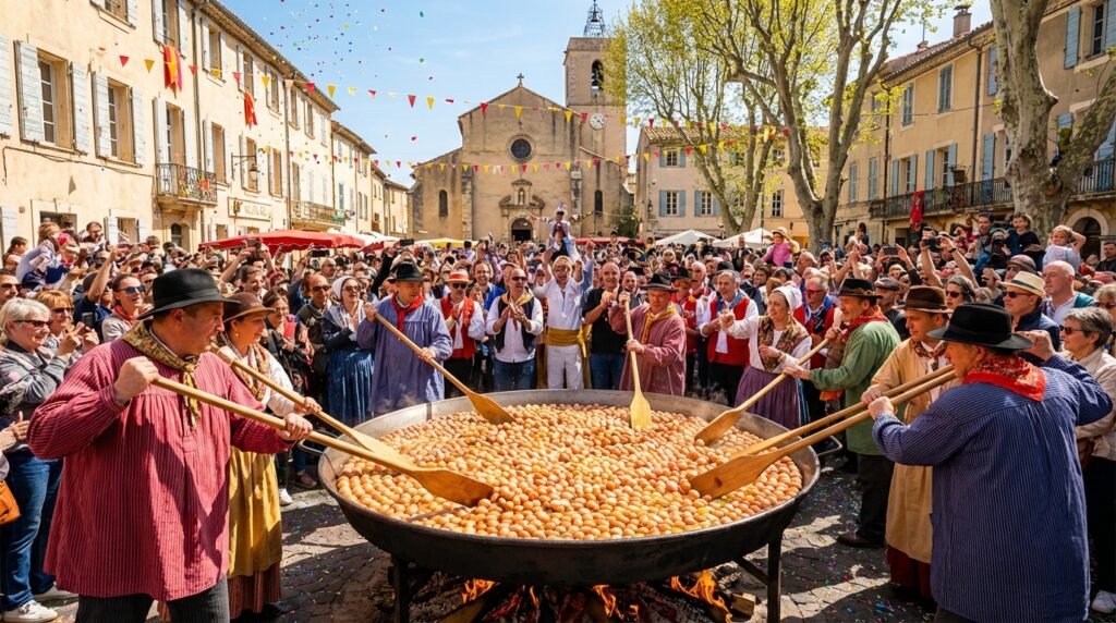 Cuisson de l'omelette géante de Bessières dans une poêle de 4 mètres