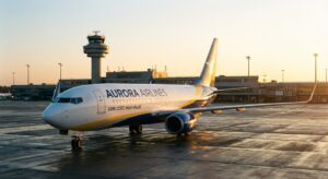 Avion Ryanair sur le tarmac de l'aéroport Toulouse-Blagnac au coucher du soleil