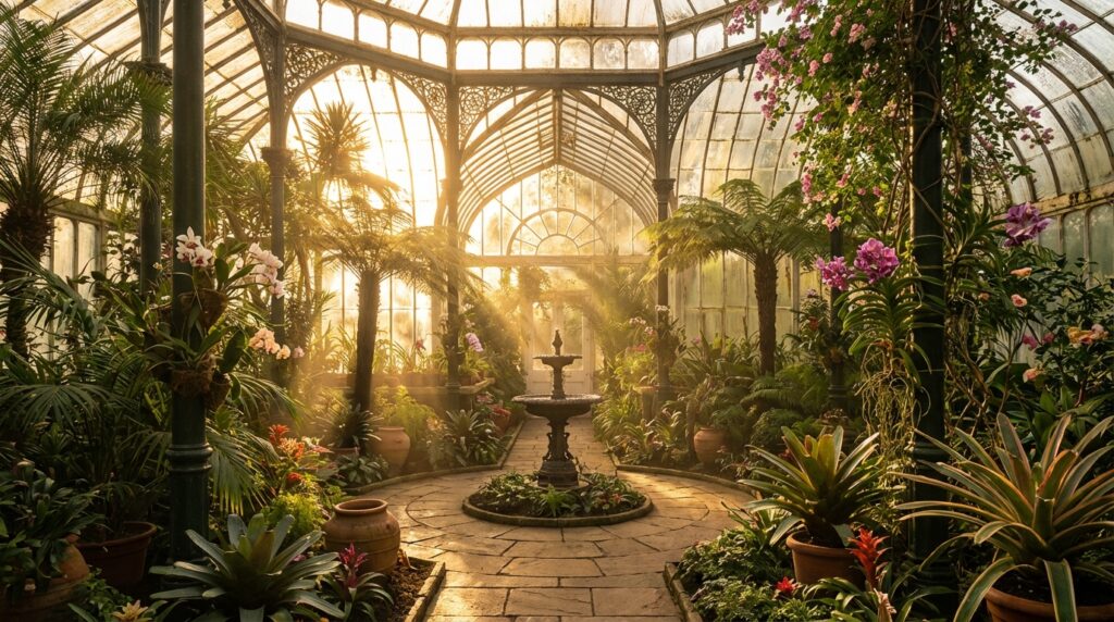 Intérieur des serres municipales de Toulouse avec plantes tropicales