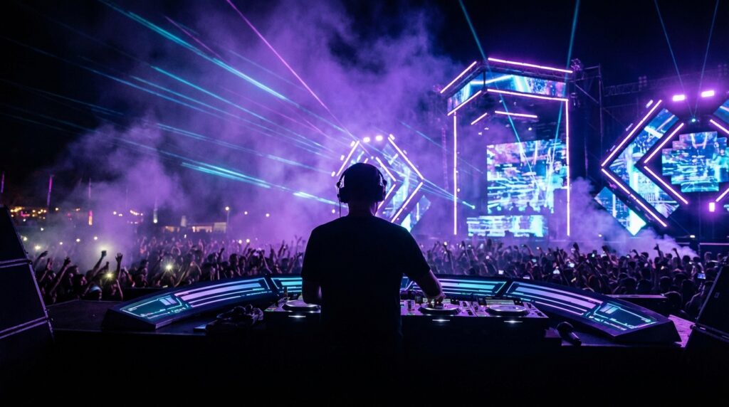 Space 92, DJ toulousain, sur scène avec lumières néon techno