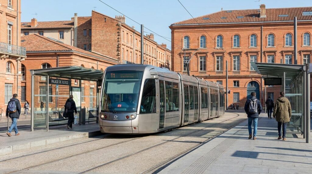 Nouvelle rame grise du tram T1 à Toulouse dans un décor urbain toulousain