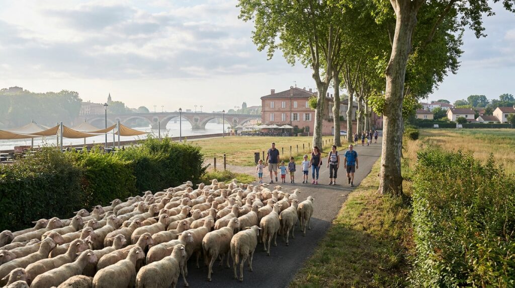 Transhumance de brebis près de Toulouse dans le nord toulousain