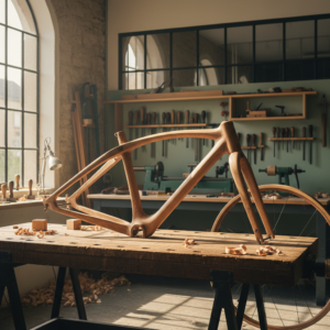 Cadre de vélo en chêne fabriqué artisanalement à Toulouse par Bois Roulants