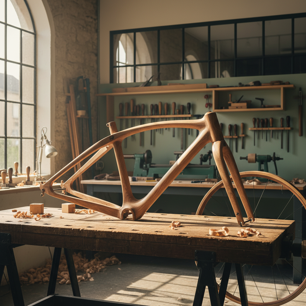 Cadre de vélo en chêne fabriqué artisanalement à Toulouse par Bois Roulants