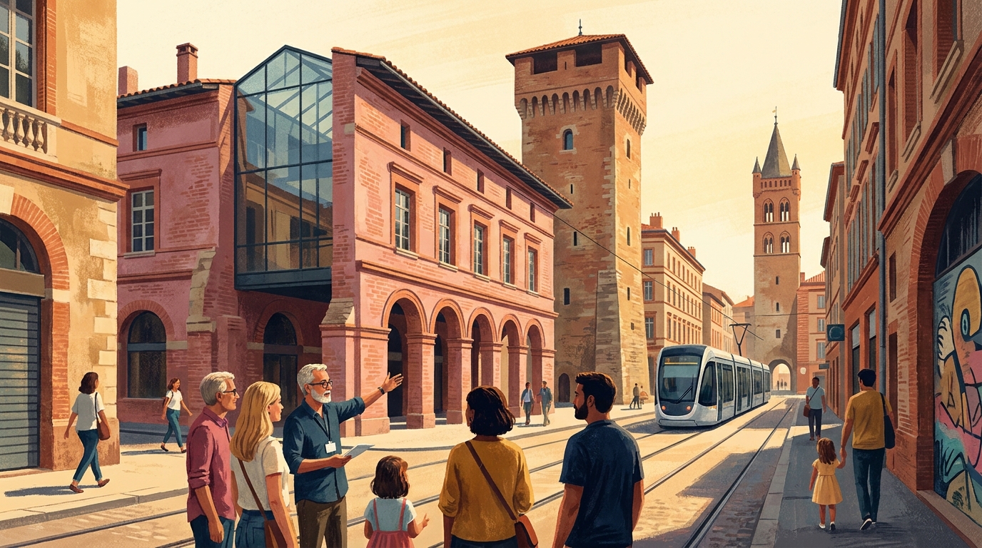 Illustration éditoriale d’une balade architecturale à Toulouse