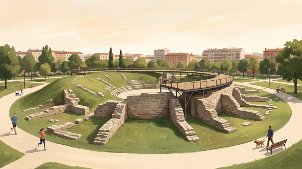 Illustration éditoriale des arènes romaines de Toulouse à Purpan-Ancely