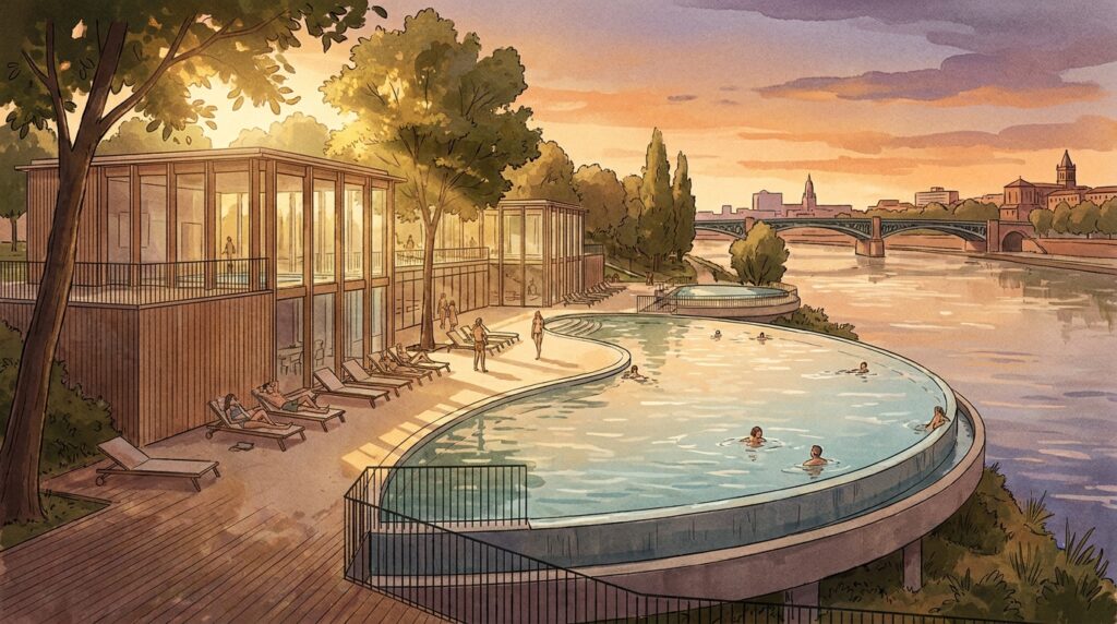 Illustration de la future Cité de la natation à Toulouse sur l’île du Ramier