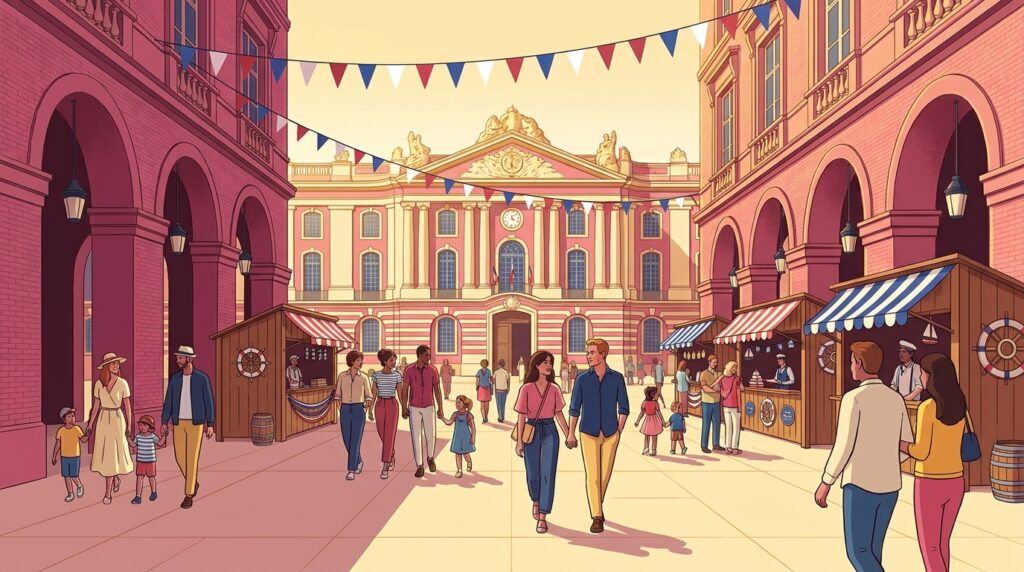 Illustration éditoriale du Capitole de Toulouse aux couleurs des 400 ans de la Marine nationale