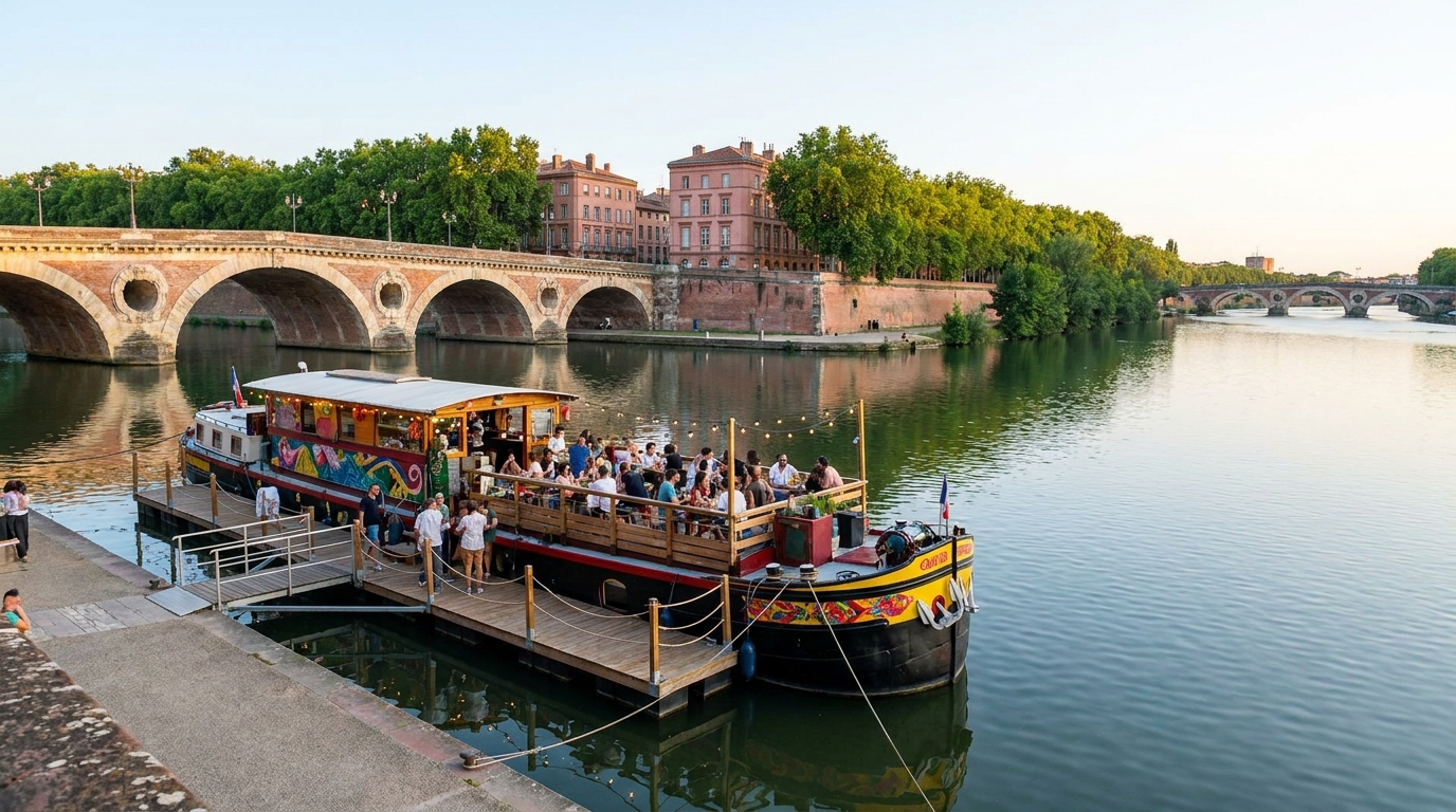 Port de l’Embouchure à Toulouse avec une péniche culturelle et sa terrasse sur le canal
