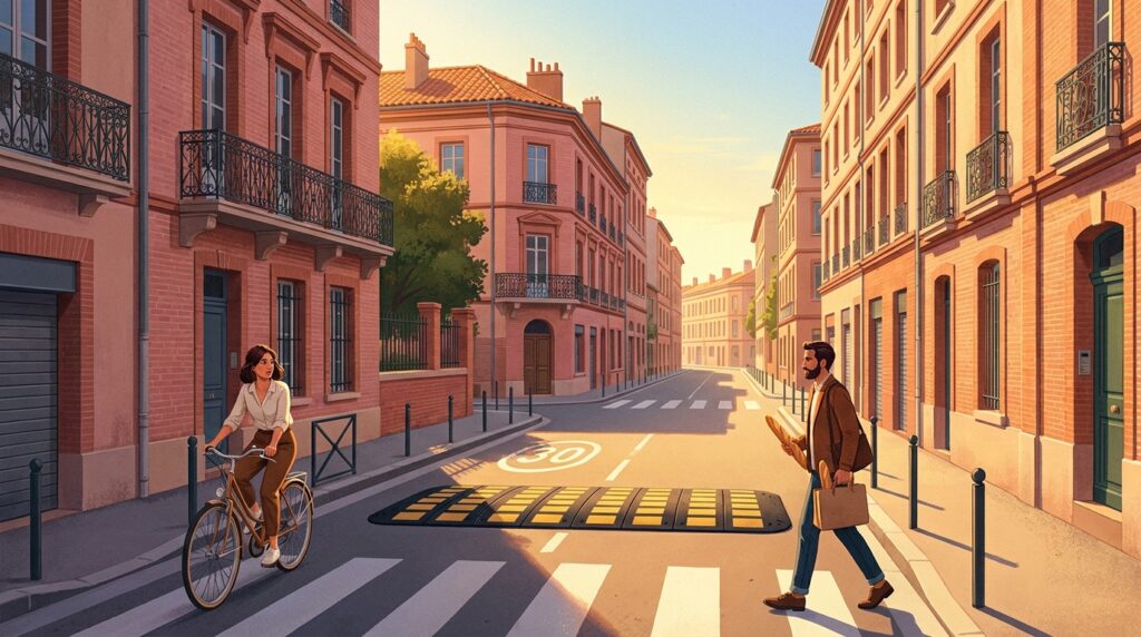 Ralentisseur de type coussin berlinois dans une rue de Toulouse