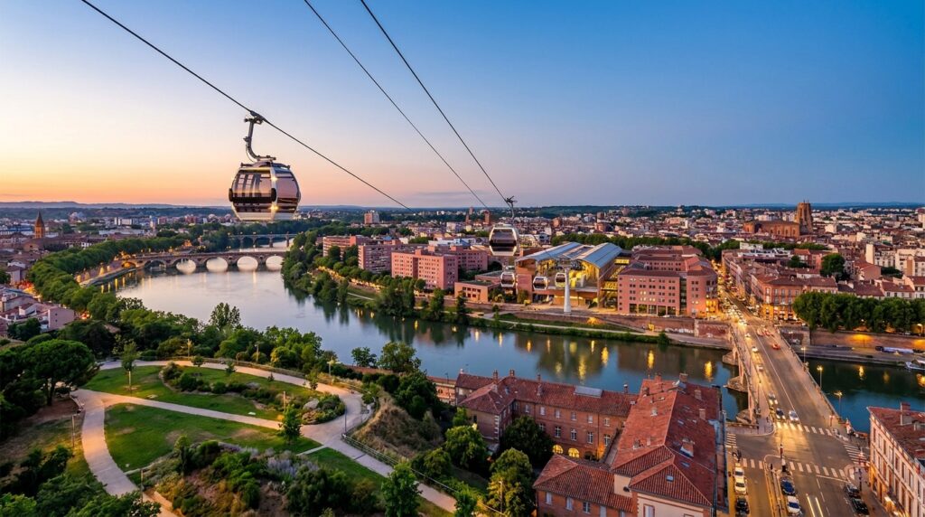 Téléo à Toulouse au crépuscule avec ses cabines au-dessus de la Garonne