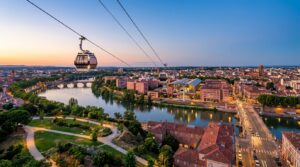 Téléo à Toulouse au crépuscule avec ses cabines au-dessus de la Garonne