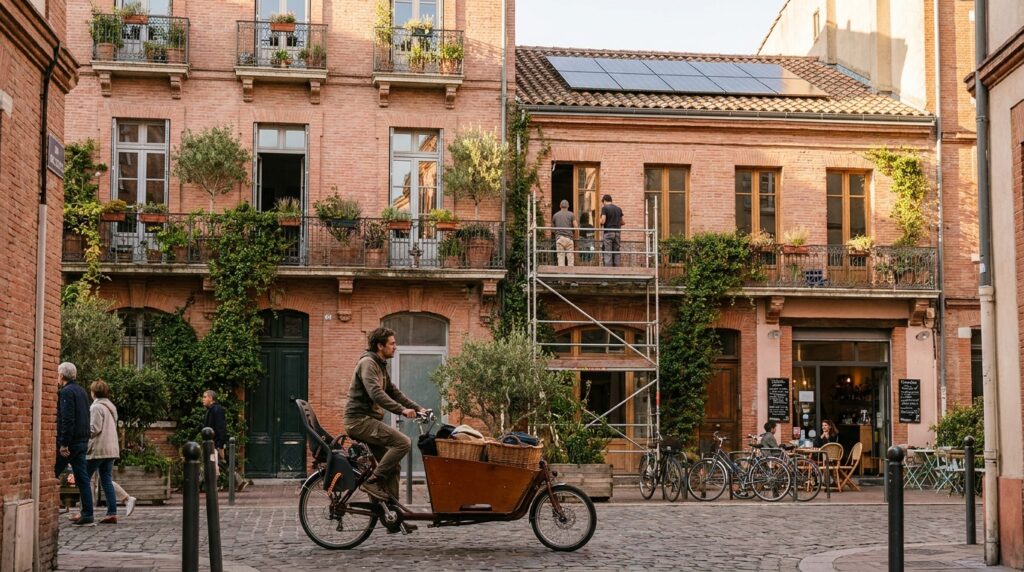 Scène du quotidien à Toulouse autour du vélo, de la rénovation et des écogestes