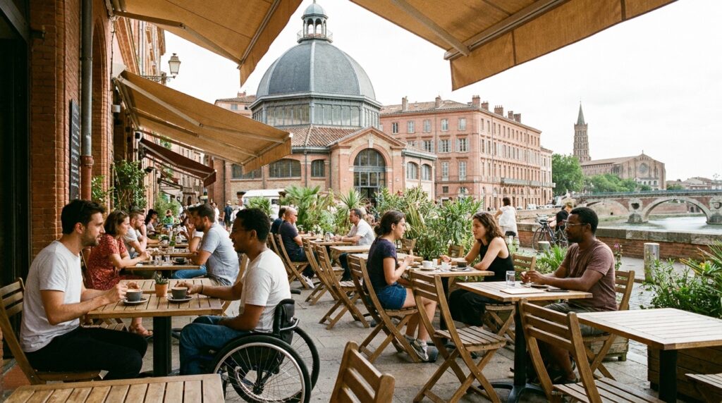Un café inclusif sur la place des Carmes à Toulouse, terrasse urbaine chaleureuse et identité toulousaine reconnaissable