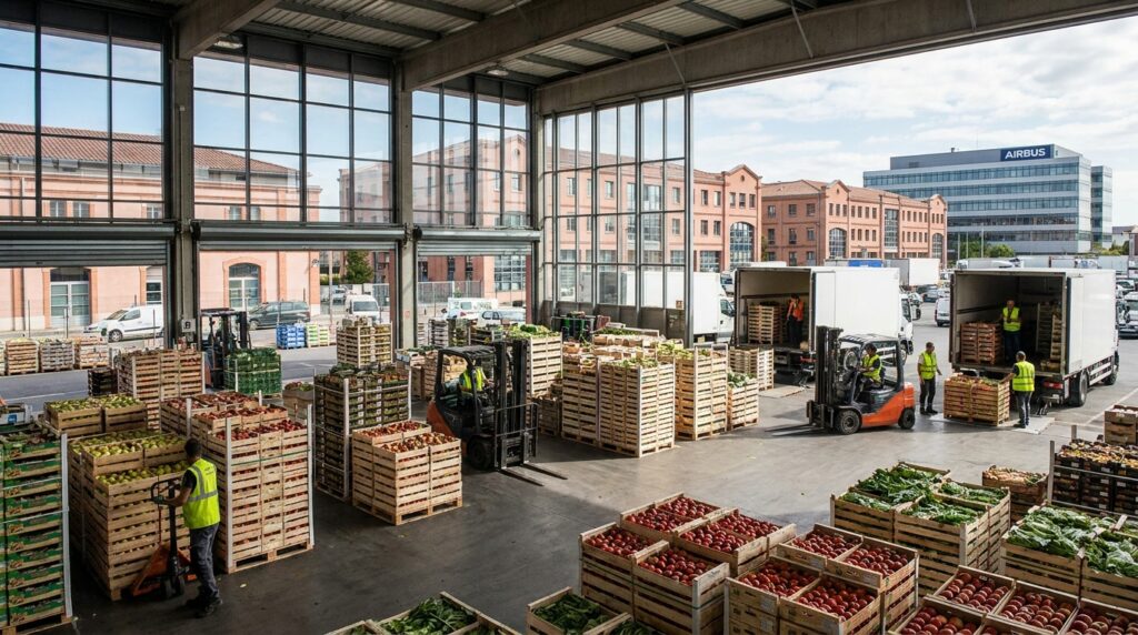 Le Grand Marché de Toulouse, logistique alimentaire, halles de marché, palettes de fruits et légumes, activité de gros, ambiance éditoriale professionnelle
