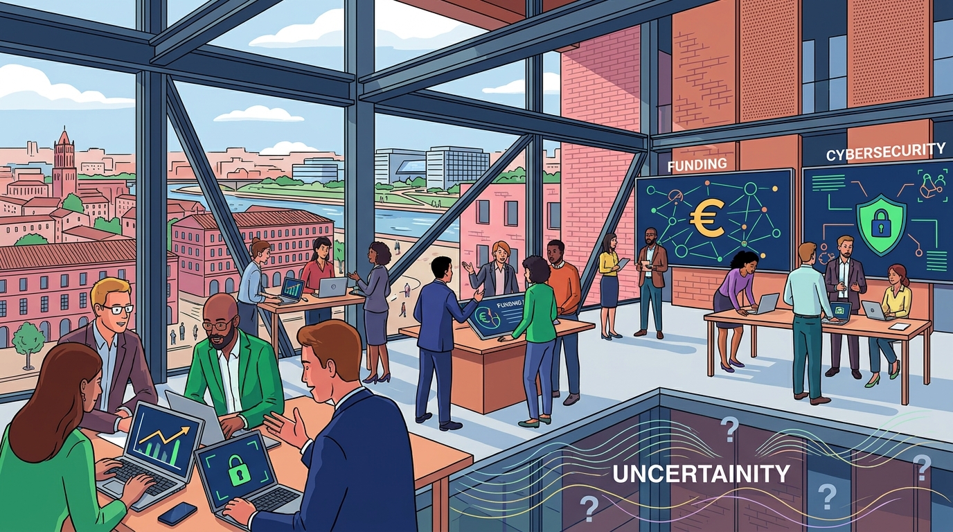 Scène éditoriale inspirée de l'écosystème innovation à Toulouse autour du Summer Tech Day