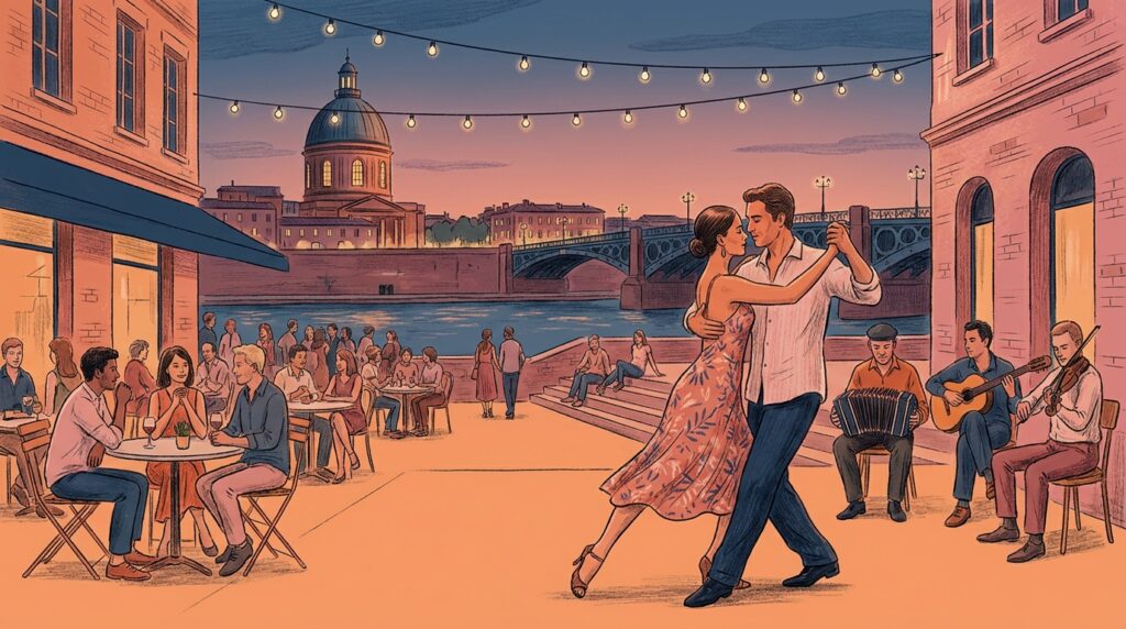 Danseurs de tango sur une place de Toulouse au coucher du soleil