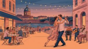 Danseurs de tango sur une place de Toulouse au coucher du soleil