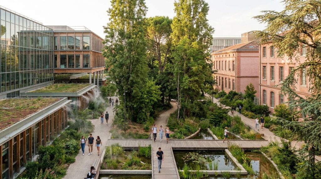 Campus de l’université de Toulouse transformé en démonstrateur climatique avec végétation, chercheurs et dispositifs environnementaux