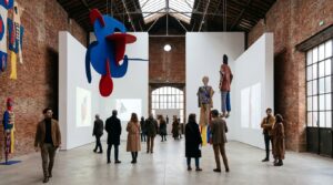 Illustration éditoriale d’une exposition pop aux Abattoirs de Toulouse, entre briques, couleurs primaires et installation monumentale