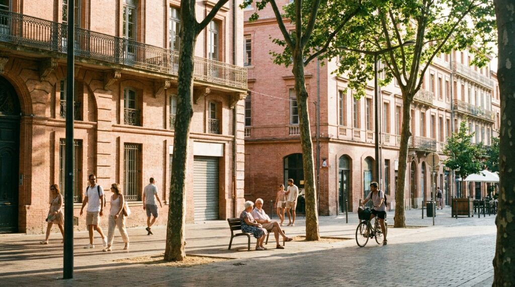 Illustration éditoriale d’une rue toulousaine en été avec platanes, chaleur et chant des cigales