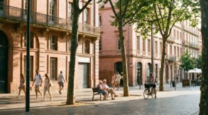 Illustration éditoriale d’une rue toulousaine en été avec platanes, chaleur et chant des cigales