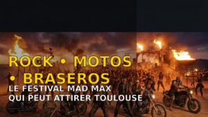 Cover éditoriale Dirty Sunday style Mad Max avec motos, feu et ambiance rock
