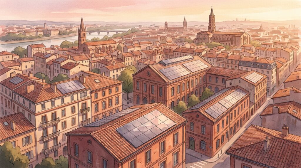 Toitures toulousaines équipées de panneaux solaires au coucher du soleil