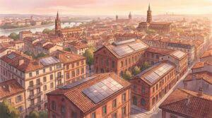 Toitures toulousaines équipées de panneaux solaires au coucher du soleil