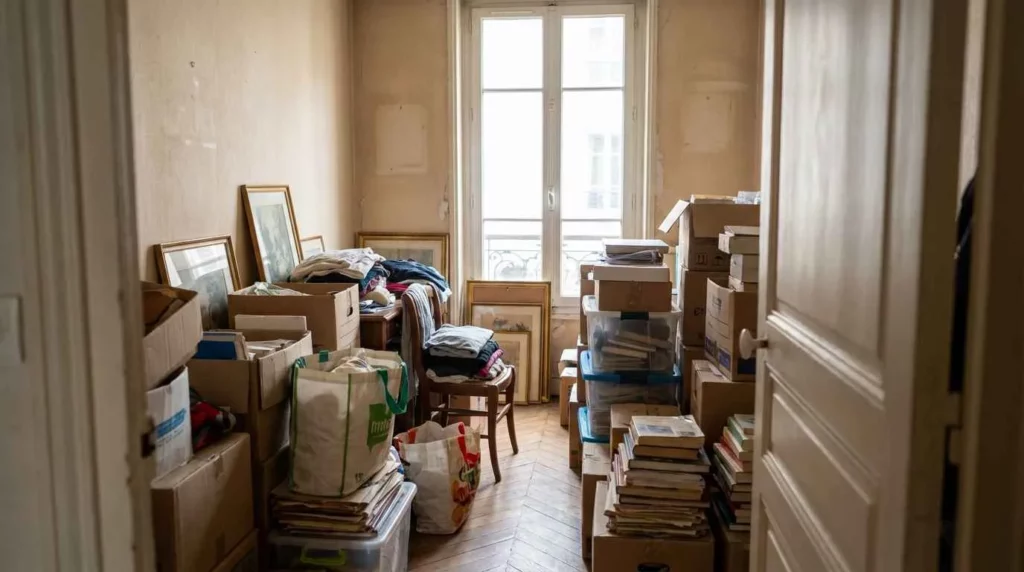 Pièce d'un logement encombrée de cartons et d'objets accumulés avant un débarras professionnel