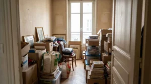 Pièce d'un logement encombrée de cartons et d'objets accumulés avant un débarras professionnel