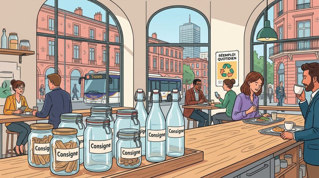 Contenants en verre consignés dans un commerce toulousain, illustration éditoriale sur le réemploi du quotidien à Toulouse
