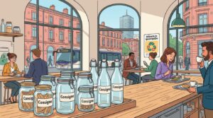 Contenants en verre consignés dans un commerce toulousain, illustration éditoriale sur le réemploi du quotidien à Toulouse