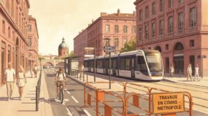 Illustration éditoriale des chantiers d'été à Toulouse avec mobilité, voirie et ambiance urbaine locale