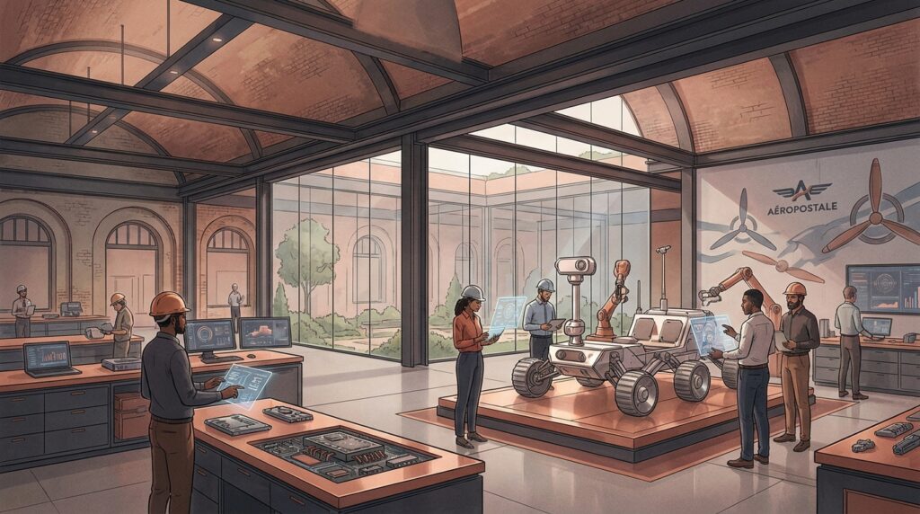 Illustration éditoriale d’un atelier spatial à Toulouse Aerospace autour d’un rover lunaire