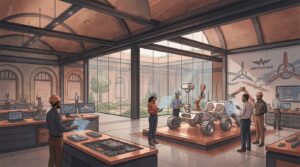 Illustration éditoriale d’un atelier spatial à Toulouse Aerospace autour d’un rover lunaire