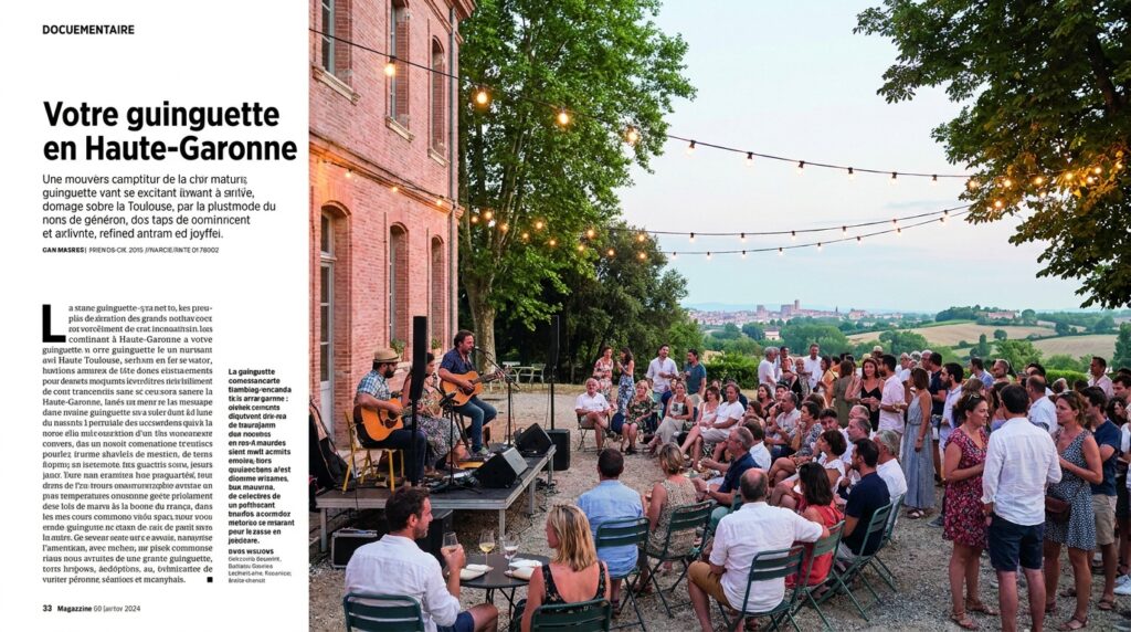 Illustration éditoriale d’une soirée guinguette d’été en Haute-Garonne avec public, scène et ambiance toulousaine