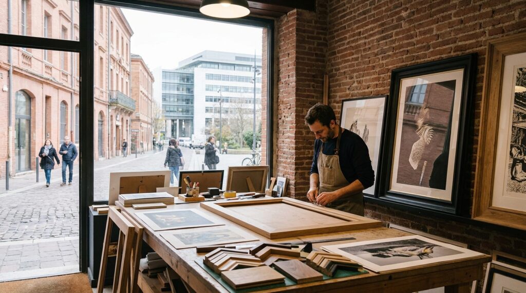 Atelier d’encadrement sur mesure à Toulouse avec cadres en bois, tirages d’art et ambiance artisanale éditoriale