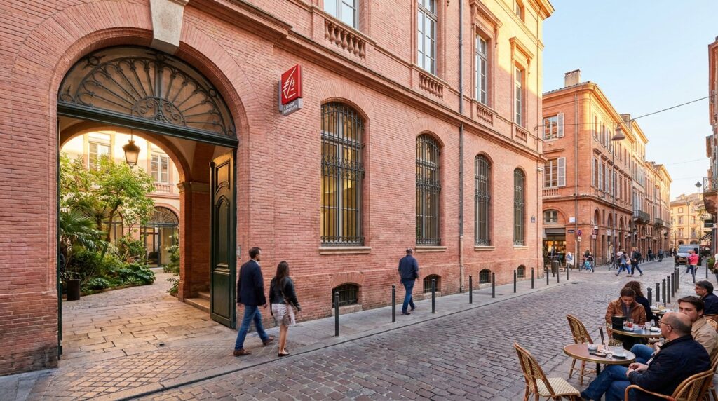 Illustration éditoriale de la Caisse d’épargne rue du Languedoc à Toulouse avec patio et lumière des Carmes